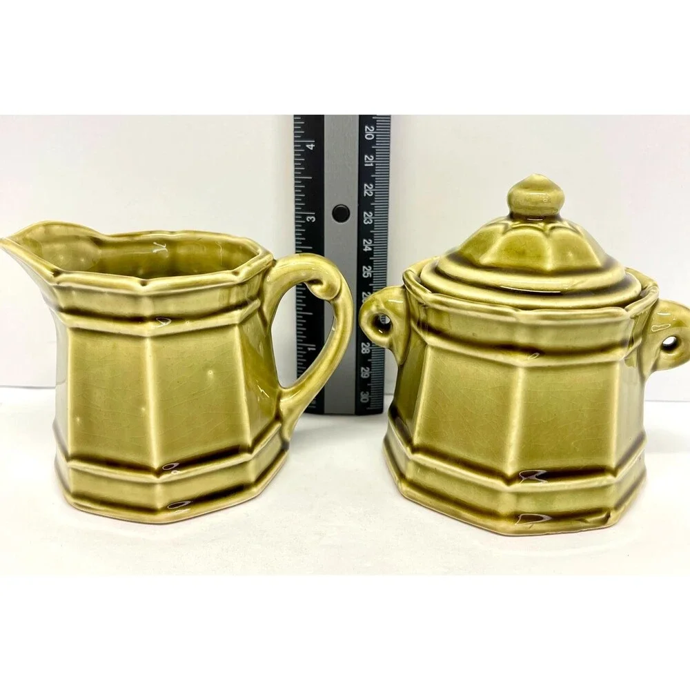 Vintage Stone Craft Royal Sealy Japan Green Tea Set 4 Pc Hexagonal-Olive Green